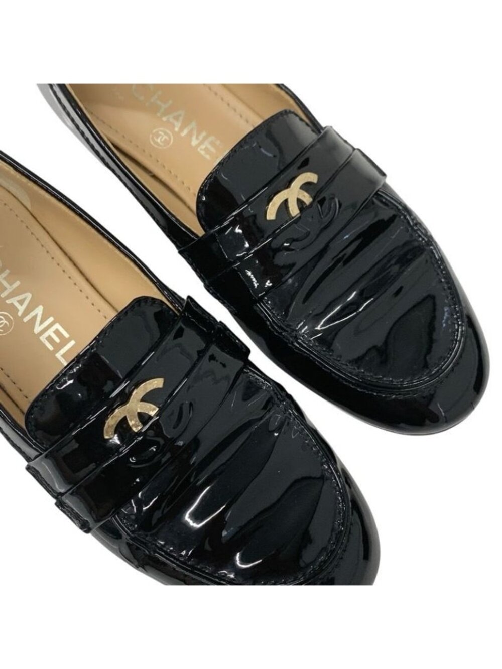Chanel Loafer Leather Shoes Enamel Black Gold Coco Mark - Picture 10 of 10